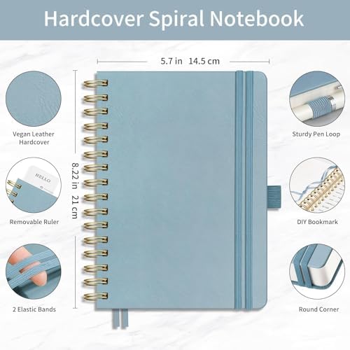 EMSHOI Lined Spiral Journal Notebook, 300 Numbered Pages, A5 College Ruled Notebook, 100gsm Thick Paper, Hardcover Leather Notebook for School, Work & Note Writing, 5.7" × 8.22" - Gray Blue
