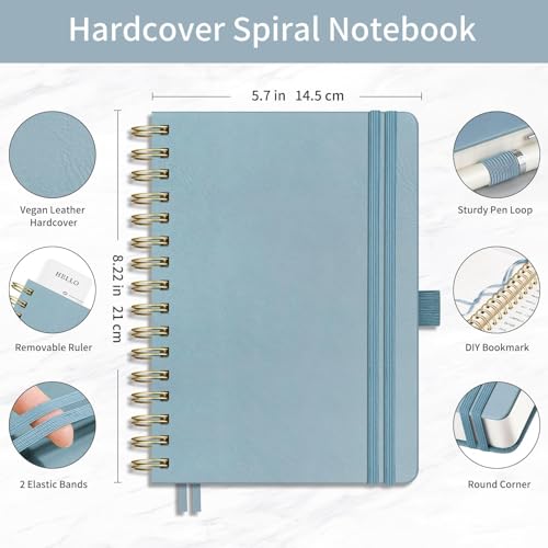 EMSHOI Lined Spiral Journal Notebook, 300 Numbered Pages, A5 College Ruled Notebook, 100gsm Thick Paper, Hardcover Leather Notebook for School, Work & Note Writing, 5.7" × 8.22" - Gray Blue