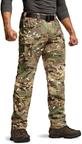 CQR Mens Flex Stretch Tactical Pants Water Resistant Ripstop Cargo Pants Lightweight EDC Outdoor Work Hiking Pants Intense Utility Camo 32W x 32L