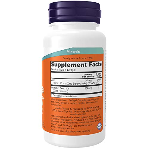 Image of Now Supplements, Zinc Glycinate with 250 mg Pumpkin Seed Oil, Supports Prostate Health*, 120 Softgels