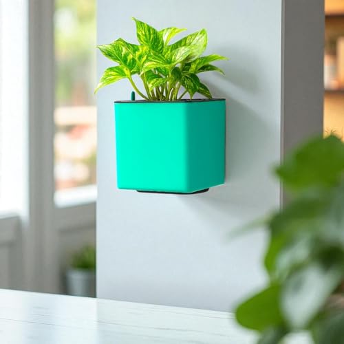 Image of Indian Discovery Self Watering Wall Hanging Planter|Hanging /Hooked Flower Pots for Home, Balcony, Garden Decor Flower Pots(1 PC, Peacock Green, Square) |6 Inch UV-Resistant Plastic Plant Pots