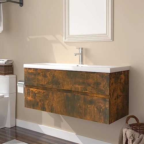 UJCHVHN Mueble para fregadero con lavabo integrado de madera de roble ahumado