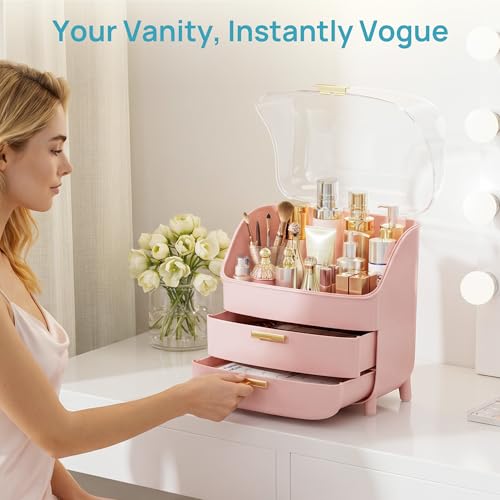 Image of Vtopmart 3-Tier Skincare Makeup Organizer with Lids, Pink | With Drawers and Lid, For Vanity and Bathroom Countertop, Large Cosmetic Storage Box Case for Dresser, With Non-Slip Base