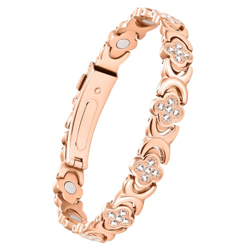 Jecanori Women's Copper Bracelet, Ultra Strong Magnetic Bracelet with 3800 Gauss Magnets, Rose Gold Four Leaf Clover Copper Jewellery, Rose Gold