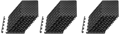 Image of ProsourceFit Exercise Puzzle Mat -inch, Checkered EVA Foam Floor Tiles w /Non-Slip Texture, Interlocking Design for Adjustable Gym Surfaces, Shock Absorbing, Black, 12 SQ FT - 12 Tiles (Pack of 3)