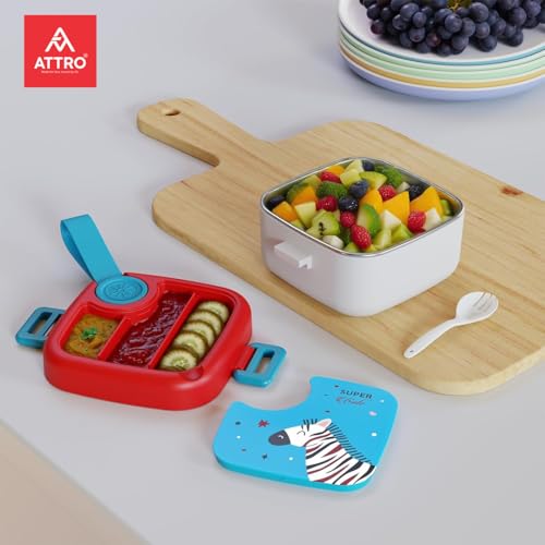 Image of ATTRO KidsMate Zebra Lunch Box Stainless Steel Comes with 1 Detachable Tray| Leak-Proof & Durable | Plastic Spoon | Ideal for Kids, School, Picnic - Blue Red - 500ml