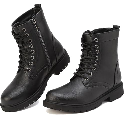 ziitop Boots for Women Waterproof Ladies Ankle Boots Black Lace Up Side Zipper Womens Platform Leather Short Booties