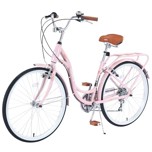 ZUKKA Beach Cruiser Bike for Women 24/26 Inch Ladies Bike 7 Speed Complete Cruiser Bikes with Dual V-Brake and Adjustable Seat, Adult City Bike for Women, Men, Multiple Colors (Pink/26 Inch)