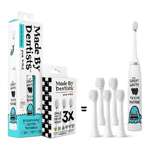 Made by Dentists Kids Electric Toothbrush - Rechargeable Vibrating Toothbrush with Timer, Includes 6 Replacement Heads, Gently Cleans Teeth, Kid & Toddlers Age 2+, Shark