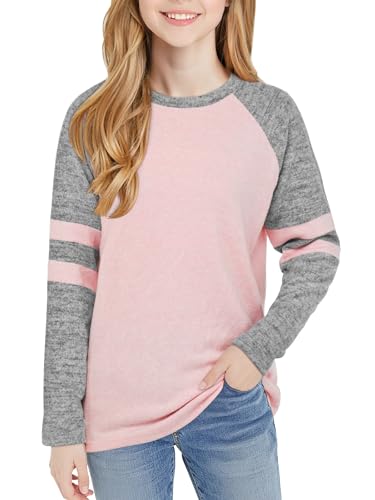 Girls Long Sleeve Shirts Striped Casual Tees Raglan Crewneck Sweatshirts Tops for 6-13 Years
