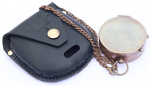 Brújula náutica de latón grabado con estuche de cuero miniatura 3