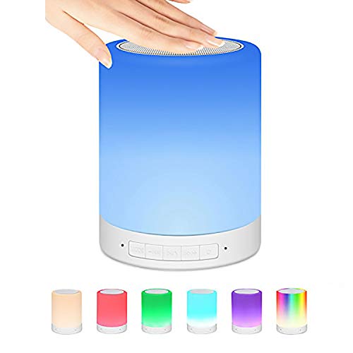 Luces nocturnas Altavoz Bluetooth, Lámpara de Mesita de Noche,Lámpara LED de control táctil Regulable Luces cálidas 7 colores, Lámpara de cabecera con USB lámpara de noche recargable portátil