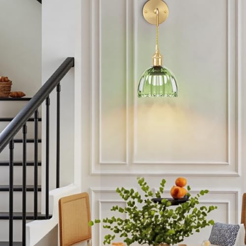 Image of Battery Operated Wall Sconce CCT Dimmable Wireless Sconcesm Vintage Light Fixture with Green Tulip Glass Lampshade Wall Decor Set for Living Room Bedroom Bedside Bathroom 1PC Green