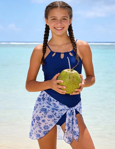 Image of Girls Swimsuit One-Piece Bathing Suit with Mesh Cover Ups Adjustable Straps Cut Out Swimwear Size 7-16