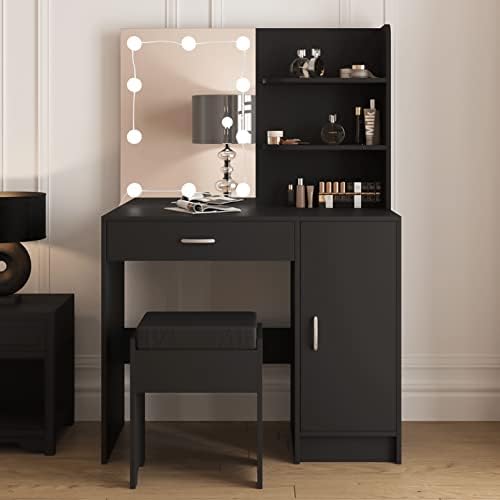 Makeup Vanity with Lighted Mirror, Vanity Desk with Drawer and Storage Cabinet, Vanity Dresser Lighted Mirror Dressing Table for Bedroom, Bathroom, Black