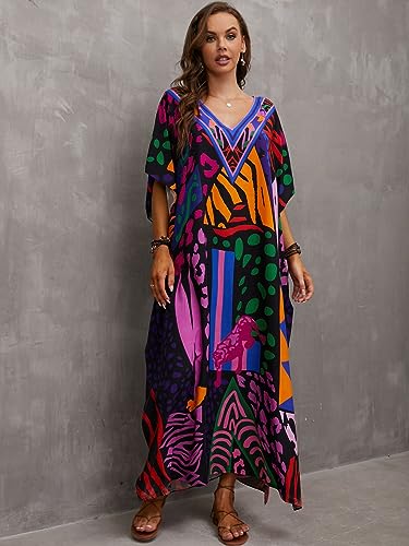 Image of sunforyou Kaftan Dresses for Women Plus Size Lightweight Swimsuit Cover up Batwing Sleeve Print Loungewear Beach Robe
