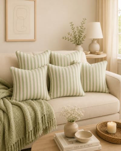 Image of 100% Cotton - Green and White Stripes Cushion Covers Set of 5 (16 x 16 inches) - Cushion Covers for Sofa & Living Room Decor