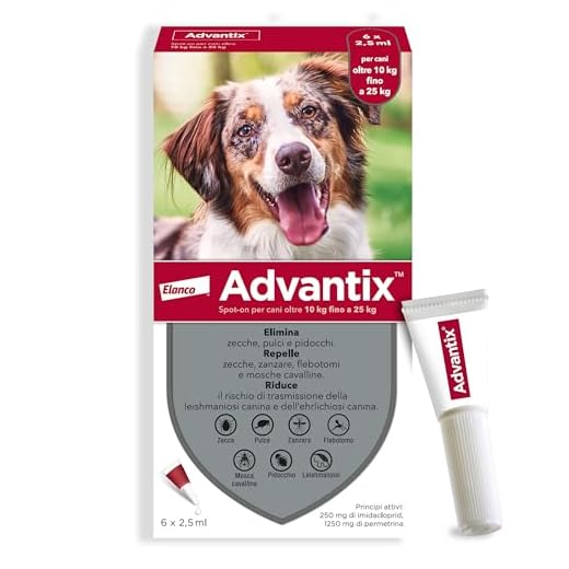 Advantix® Spot-on antiparassitario per Cani da 10 kg a 25 Kg, 6 pipette da 2,5 ml. Elimina zecche, pulci, pidocchi e larve di pulce . Protegge da zanzare, pappataci e rischio di leishmaniosi.