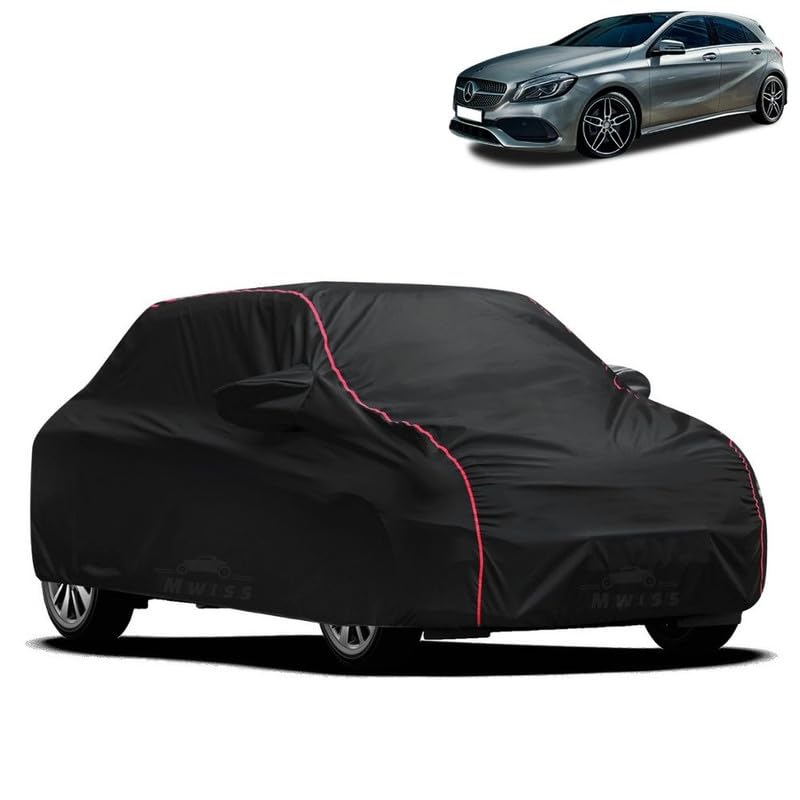 Image of Waterproof Car Cover for Mercedes Benz A180 | All-Weather Protection, Dustproof & UV Resistant | Triple Stitched Mirror Pockets, Windproof Buckle Strap with Elastic Hem, Black-Red Piping