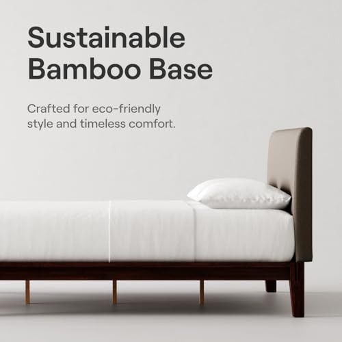 Image of Nectar Bamboo Platform Bed Frame & Upholstered Headboard - Twin XL - Walnut /Slate - Floating Center Support Legs -12 inch Height - Easy Tool Free Set Up - Sturdy Wooden Support Slats - Holds Up To 500 lbs