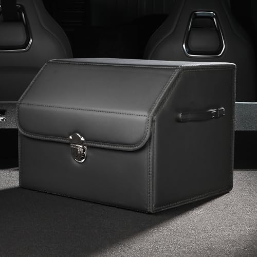 POKSRI Trunk Organizer,car organizers and storage,black Leather Storage Box with lid,Fiberboard,Collapsible,2K inches³(size A)