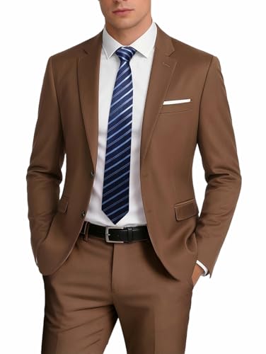 MOGU Suit for Men Solid Color Fit Formal 2 Piece Dress Tuxedo Set with Jacket Pants Tie (Large Brown)