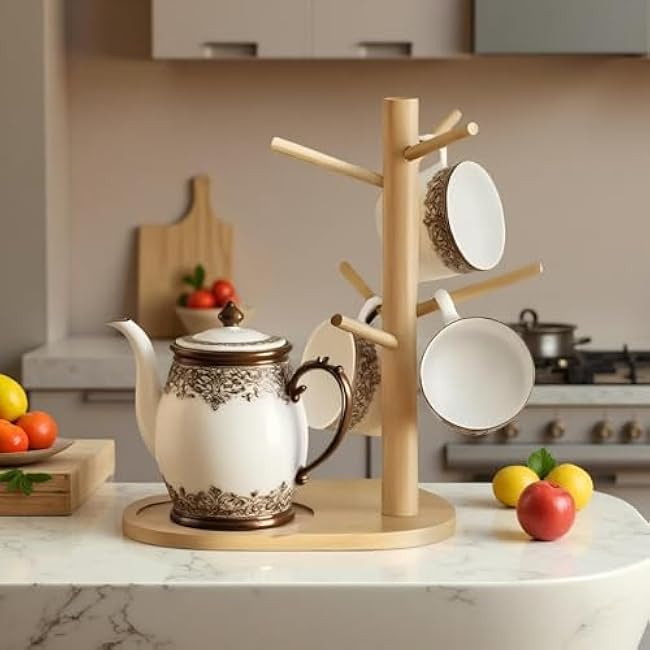 Wooden Non-Slip Coffee Mug Holders Tree with 6 Hooks,Decorative Mug Racks for Countertop, Natural Color