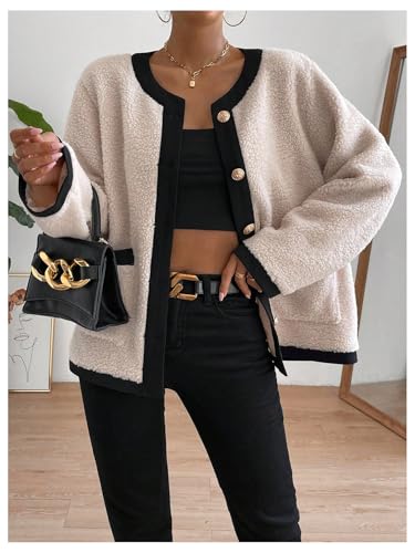 Verdusa Women's Old Money Button Down Sherpa Jacket Business Casual Fuzzy Outerwear with Pockets4