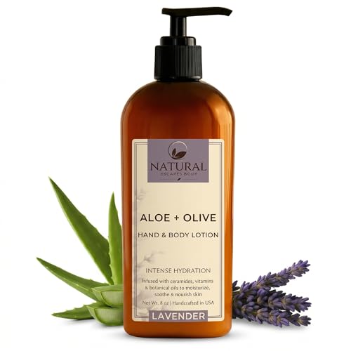 Natural Escapes Lavender Body Lotion for Dry Sensitive Skin, Aloe Vera & Ceramide Moisturizer with Olive Oil, Vitamin B5 & E, Hand & Body Cream, 8 oz