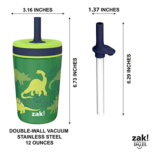Image of Zak Designs Dino Camo Kelso Tumbler, Leak-Proof Screw-On Lid with Straw, Bundle for Kids Includes Plastic and Stainless Steel Cups with Additional Sipper, 3 Piece Set (Pack of 12)