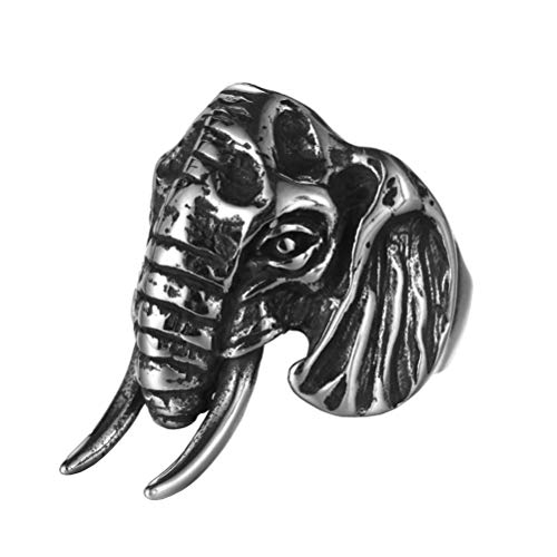 Bague éléphant Feng Shui homme anneau acier inoxydable motard noir argent