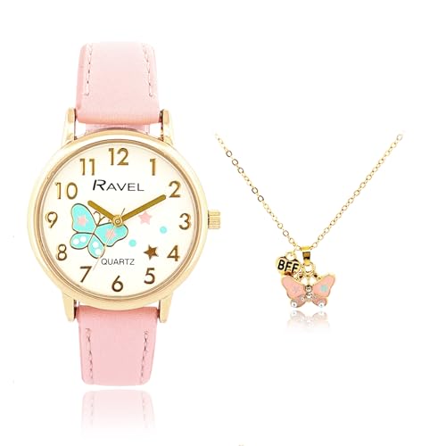 Ravel - Ravel „Little Gems“ Mädchen-Set aus Goldener Armbanduhr und Schmetterlingskette – Analog-Quarzuhr – R2231.5 – Rosa - -25%