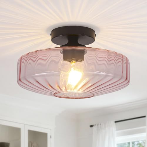 Fanousek Pink Glass Ceiling Light, 11.8 Inches Mid Century Semi