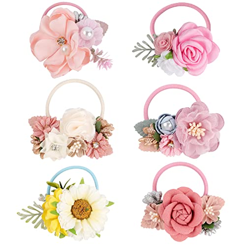 Flymind 6pcs Flower Elastic Hair Ties, Boutique Baby Toddler Flower Rubber Bands Ponytail Holders Hair Accessories For Baby Girls Teens Toddlers in Pairs(Colorful2)