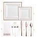 FOCUSLINE 175 Count Rose Gold Dinnerware Set for 25 Guests - Square Plastic Plates with Rose Gold Rim, Includes 25 Disposable Dinner & Dessert Plates, Napkins, Cups, Cutlery Set for Wedding Parties
