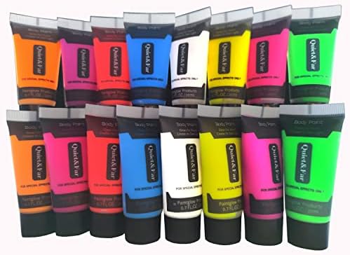 Quiet&Far Body Paint Set with tubes 16 x 0.7 fl oz (8 colors)Neon Glow in the dark paint face paint Blacklight Reactive Fluorescent Paint Non-Toxic, SL_LC_16PCS