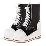 SHEMEE Women's Sweet Cute Platform Hidden Wedge Ankle Boots Lace Up High Heels Round Toe Booties Side Zip Kawaii Shoes(Black, us 7)