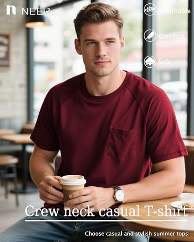 Neer 3 Pack Men's Short Sleeve T-Shirt, Casual Basic Crew Neck Tees Summer Solid Lightweight Shirts Pullover Tops with Pocket2