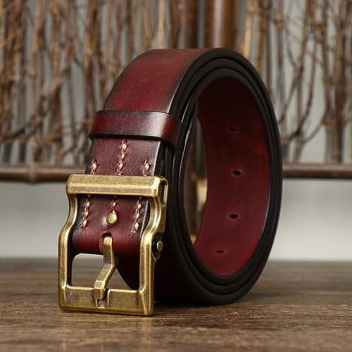 Mens Full Hide Leather Belt with Antiqued Solid Brass Square Buckle,Handmade Cowhide Strap 5mm Thicken 3.9cm Wide4