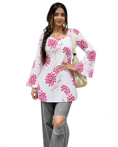 Image of SONISHA Women's Rayon Floral Print Short Kurti for Women Elegance Square Neck, Long Sleeves with Style Criss Cross Back Kurti, Top for Office Wear, Casual, Outdoor