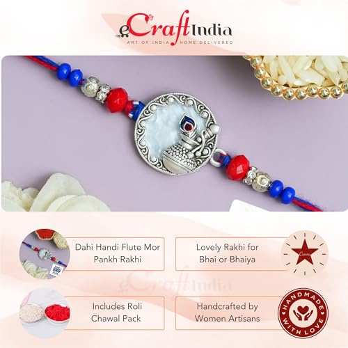 Image of eCraftIndia Dahi Handi Flute Mor Pankh Rakhi for Brother Bhaiya Bhai with Best Bro Ever Fridge Magnet | Roli Chawal Pack