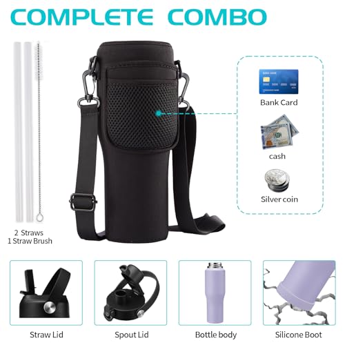 Image of Insulated Water Bottle 32oz with Strap, Water Bottle with Straw & Top Handle for Hot 24h & Cold 48h, Stainless Steel Leakproof Travel Flask, Purple Thermal Cup Fits in Cup Holder