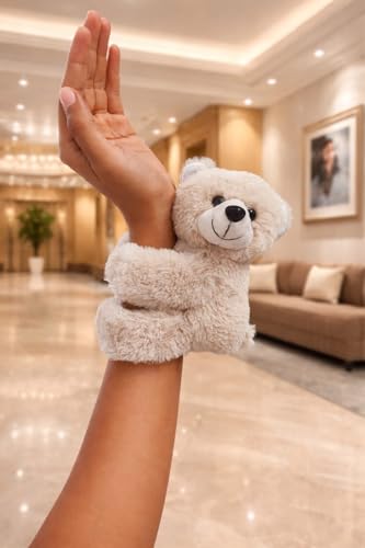 Image of Cute Teddy Bear Plush Slap Bracelet, Beige, Soft Fluffy Wristband, Hugging Bear Wrap Bracelet, Kids Gift