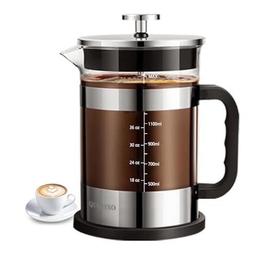 QUQIYSO French Press Coffee Maker 51oz 304 Stainless Steel French Press with 4 Filter, Heat Resistant Durable, Easy to Clean, Borosilicate Glass Coffee Press, Sliver
