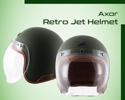 Image of Axor Retro Jet Leather ISI Dot Certified Lightweight Open Face Helmet for Men and Women with Clear Bubble Visor Dull Battle Green(L)