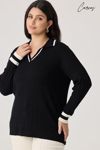 Image of CARCOS Plus Size Sweaters for Women Long Sleeve Pullover Sweaters Lapel Collared Vneck Knit Jumper Tops Fall Winter XL-5XL