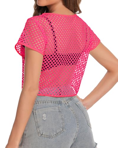 Image of Womens Sheer Mesh Top Fishnet T Shirts Short Sleeve See Through Casual Crop Tops