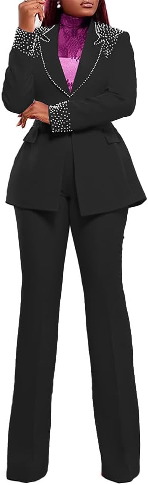 Women Suits 2 Piece Set Business Casual Pearl Blazers and Wide Leg Pants Suit Semi ...