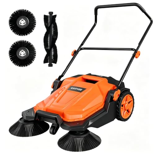 Image of Walk-Behind Floor Sweeper, 25.6 in Sweeping Width, Outdoor Hand Push Sweeper, 5 Gallon Waste Container, Adjustable Folding Handle for Garage Patio Yard Driveway