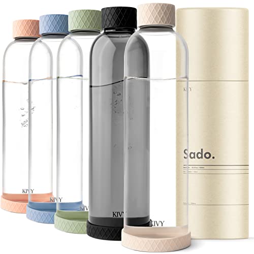KIVY Glasflasche 1 Liter mit Silikonschutz [Äußerst Bruchsicher] Trinkflasche Glas 1l Kohlensäure geeignet - Wasserflasche Glas 1l - Glastrinkflasche - Glas Trinkflasche 1l - Flasche Glas